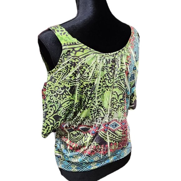 ❤️2/$18 Unity World Wear Petite Tie Dye Floral Boho Green Shirt Top Blouse M - Picture 3 of 8